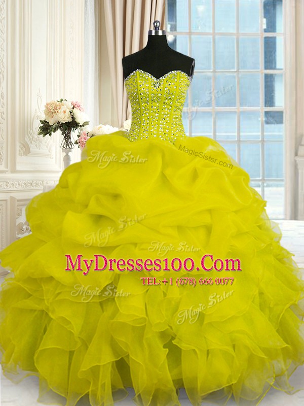 Most Popular Sweetheart Sleeveless Lace Up Quinceanera Dress Yellow Organza