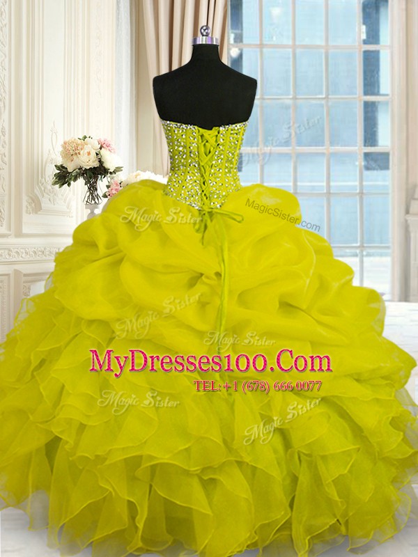 Most Popular Sweetheart Sleeveless Lace Up Quinceanera Dress Yellow Organza