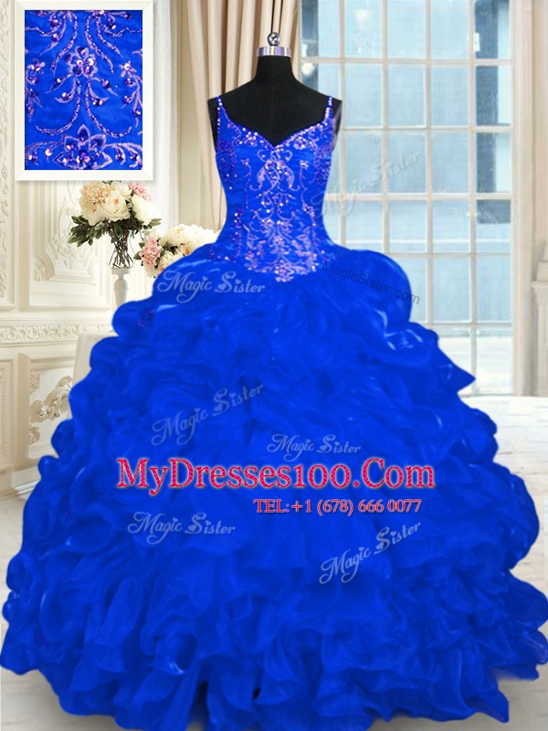 Sleeveless Brush Train Lace Up Beading and Embroidery and Ruffles and Pick Ups Quinceanera Gowns