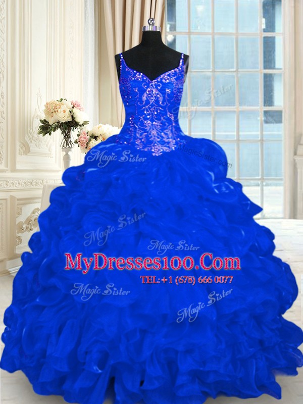 Sleeveless Brush Train Lace Up Beading and Embroidery and Ruffles and Pick Ups Quinceanera Gowns