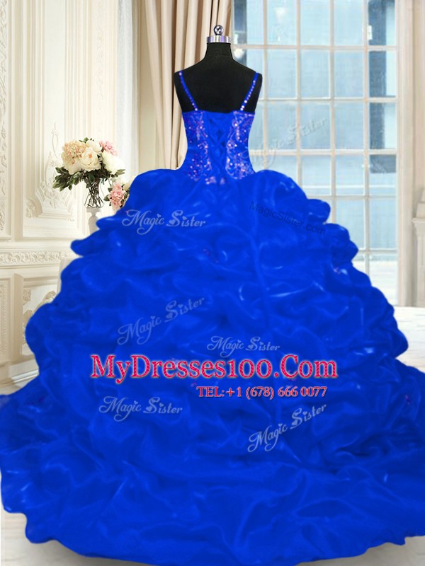 Sleeveless Brush Train Lace Up Beading and Embroidery and Ruffles and Pick Ups Quinceanera Gowns