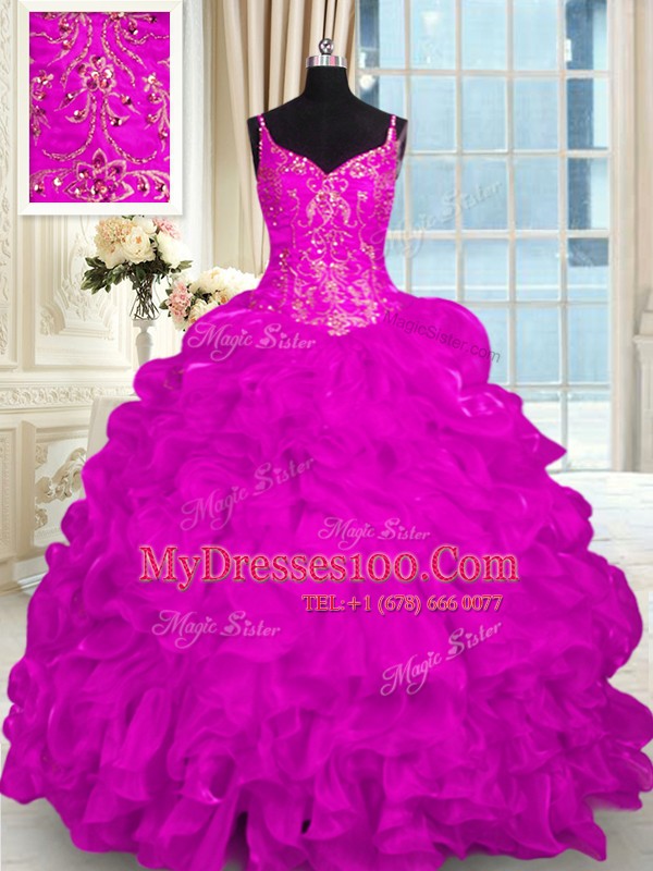 Latest Organza Sleeveless Sweet 16 Dresses Brush Train and Beading and Embroidery and Ruffles