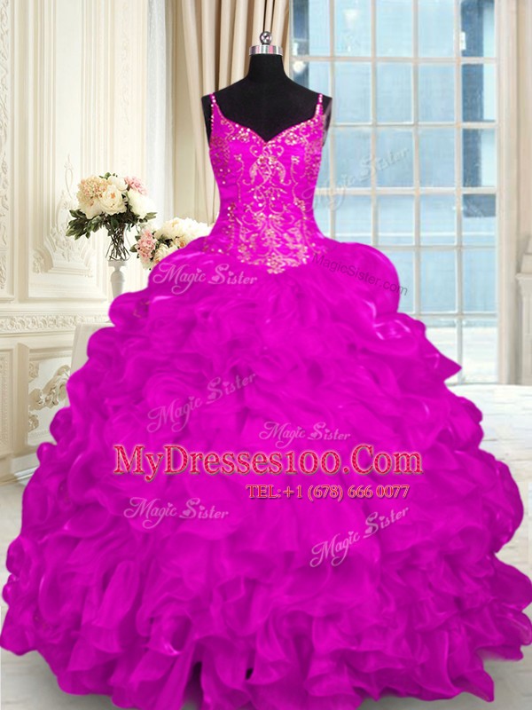 Latest Organza Sleeveless Sweet 16 Dresses Brush Train and Beading and Embroidery and Ruffles