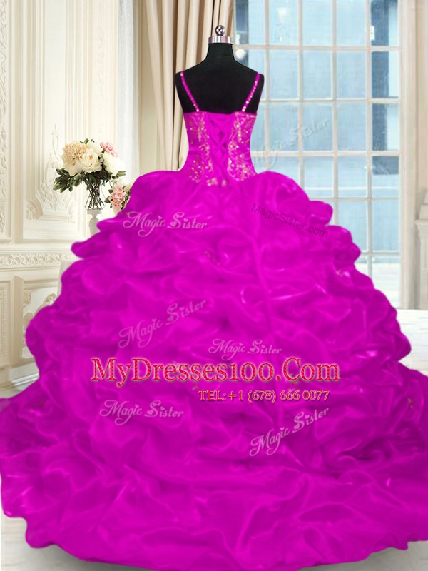 Latest Organza Sleeveless Sweet 16 Dresses Brush Train and Beading and Embroidery and Ruffles