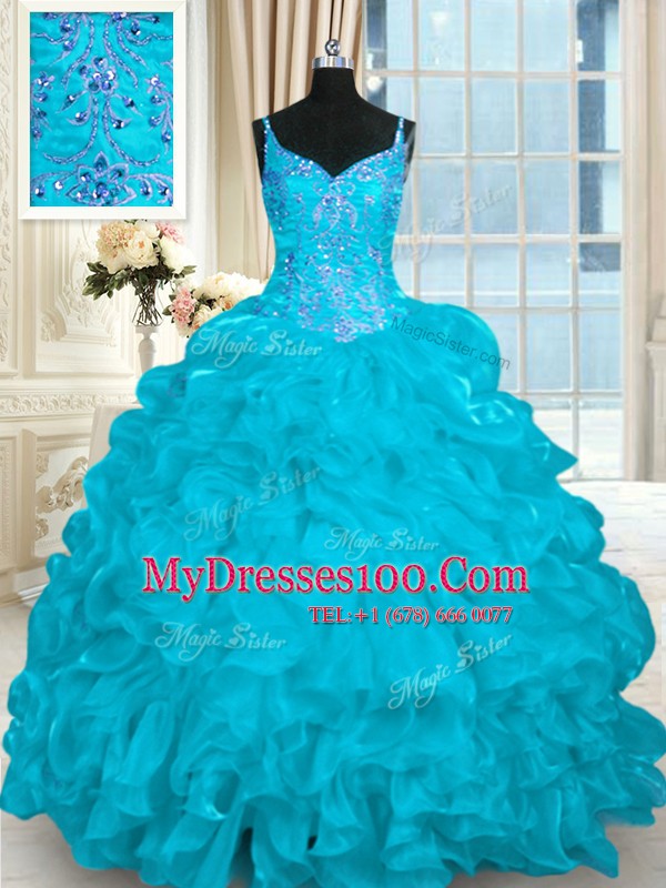 Sleeveless Organza Brush Train Lace Up Quinceanera Dresses in Aqua Blue with Beading and Embroidery and Ruffles