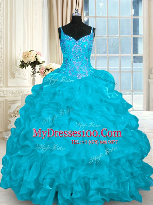 Sleeveless Organza Brush Train Lace Up Quinceanera Dresses in Aqua Blue with Beading and Embroidery and Ruffles