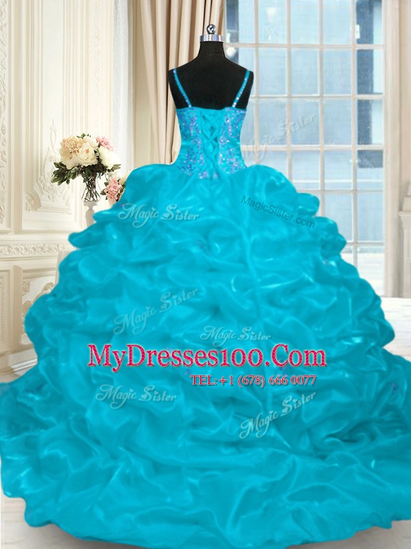 Sleeveless Organza Brush Train Lace Up Quinceanera Dresses in Aqua Blue with Beading and Embroidery and Ruffles