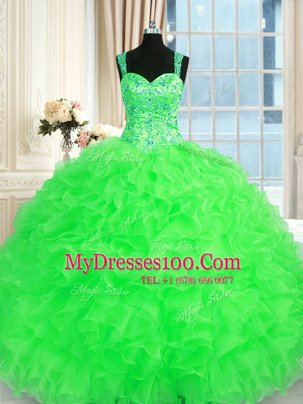 Quince Ball Gowns Military Ball and Sweet 16 and Quinceanera and For with Beading and Embroidery and Ruffles Straps Sleeveless Lace Up