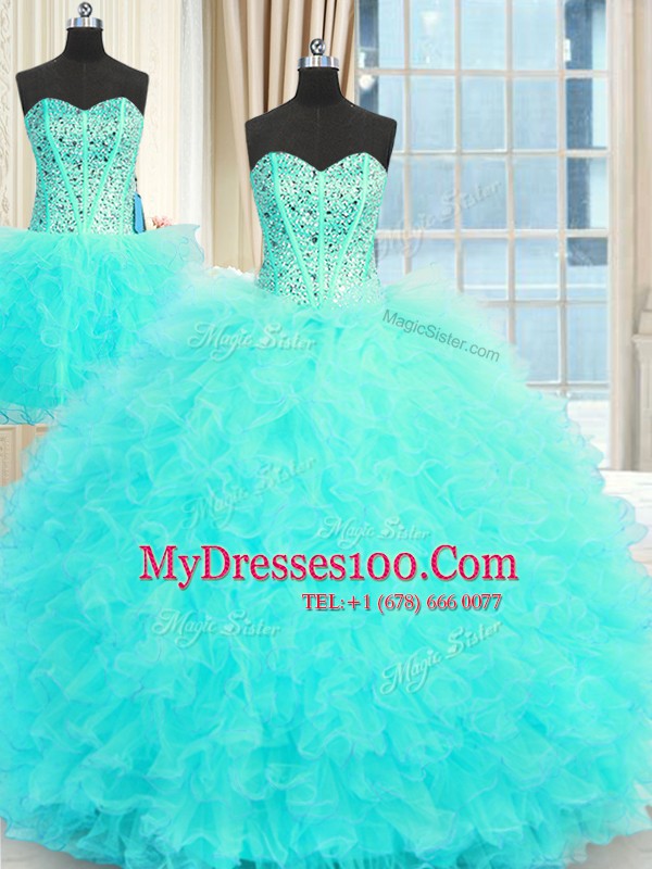 Glittering Three Piece Floor Length Aqua Blue Quinceanera Dresses Tulle Sleeveless Beading and Ruffles