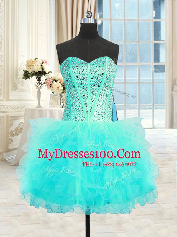 Glittering Three Piece Floor Length Aqua Blue Quinceanera Dresses Tulle Sleeveless Beading and Ruffles