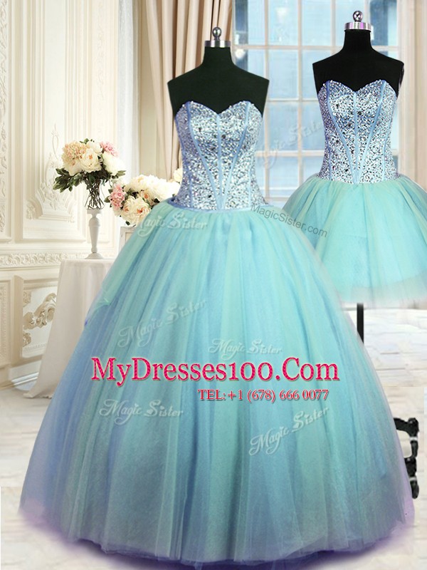 Three Piece Blue Tulle Lace Up Sweetheart Sleeveless Floor Length Sweet 16 Quinceanera Dress Beading