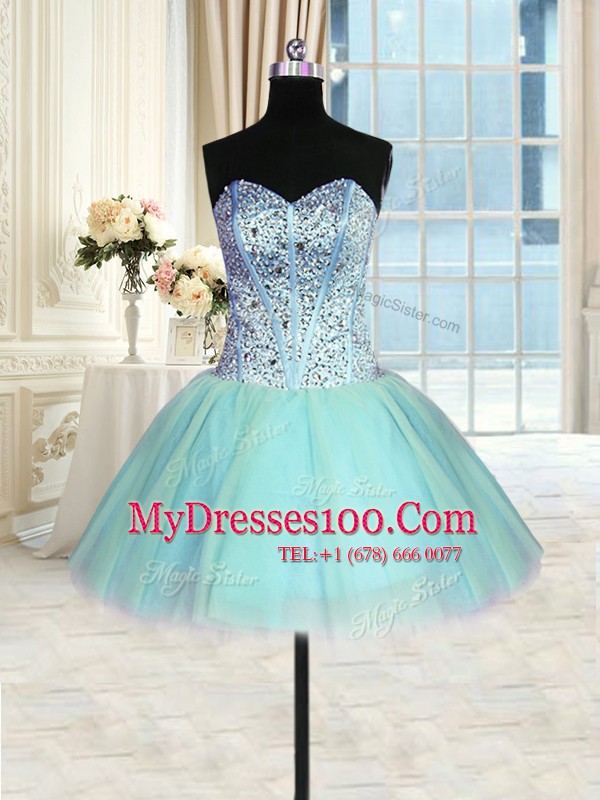 Three Piece Blue Tulle Lace Up Sweetheart Sleeveless Floor Length Sweet 16 Quinceanera Dress Beading