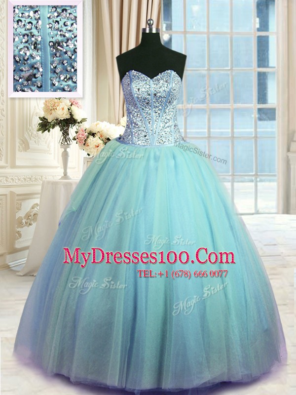 Three Piece Blue Tulle Lace Up Sweetheart Sleeveless Floor Length Sweet 16 Quinceanera Dress Beading