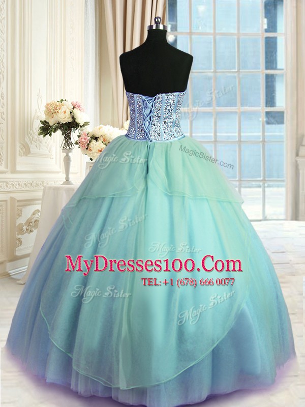 Three Piece Blue Tulle Lace Up Sweetheart Sleeveless Floor Length Sweet 16 Quinceanera Dress Beading