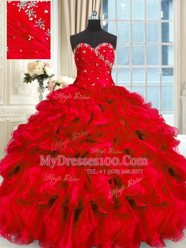 Glittering Sleeveless Beading and Ruffles Lace Up Quince Ball Gowns