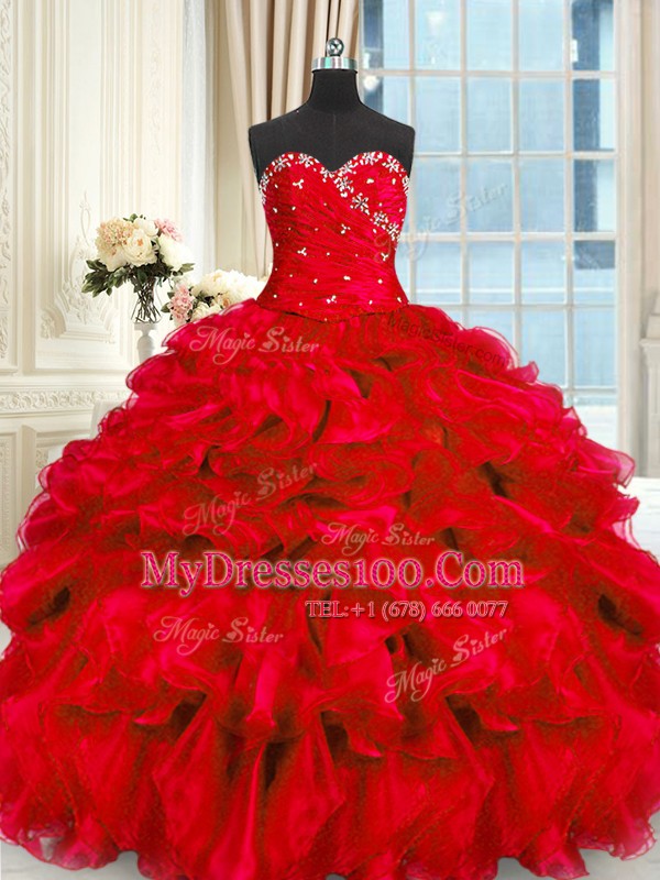 Glittering Sleeveless Beading and Ruffles Lace Up Quince Ball Gowns