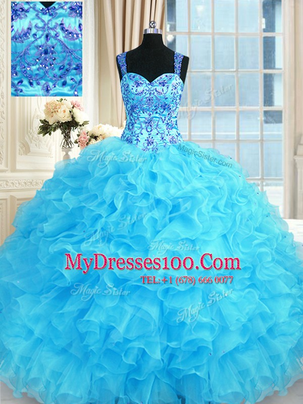 Luxury Baby Blue Lace Up Quinceanera Gown Embroidery and Ruffles Sleeveless Floor Length