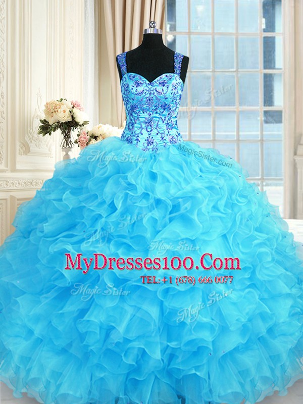 Luxury Baby Blue Lace Up Quinceanera Gown Embroidery and Ruffles Sleeveless Floor Length