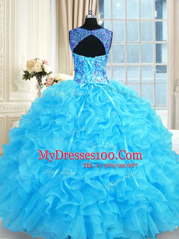 Luxury Baby Blue Lace Up Quinceanera Gown Embroidery and Ruffles Sleeveless Floor Length
