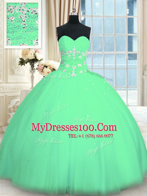 Flare Turquoise Ball Gowns Sweetheart Sleeveless Tulle Floor Length Lace Up Appliques Sweet 16 Dress