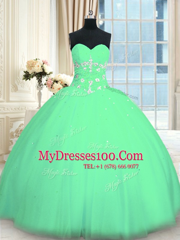 Flare Turquoise Ball Gowns Sweetheart Sleeveless Tulle Floor Length Lace Up Appliques Sweet 16 Dress