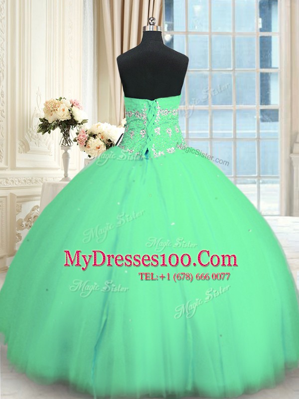 Flare Turquoise Ball Gowns Sweetheart Sleeveless Tulle Floor Length Lace Up Appliques Sweet 16 Dress