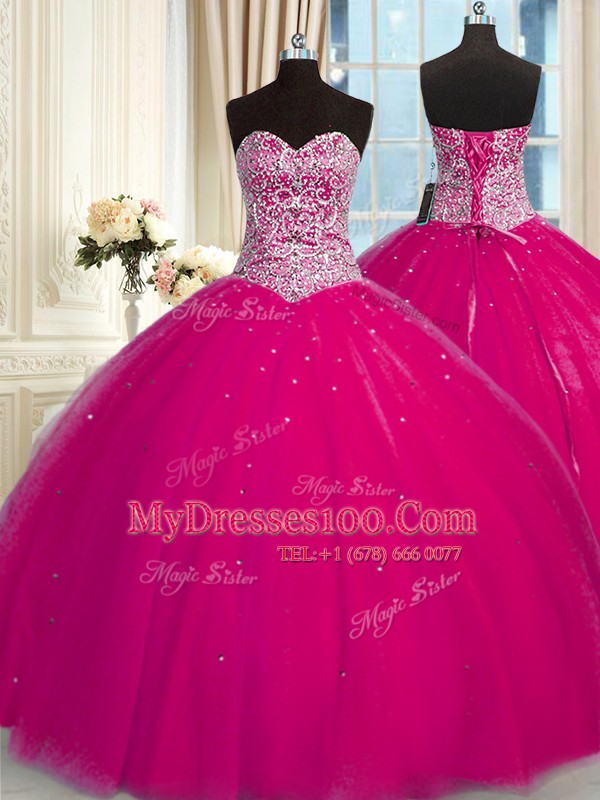 Super Sequins Ball Gowns Ball Gown Prom Dress Fuchsia Halter Top Tulle Sleeveless Floor Length Lace Up