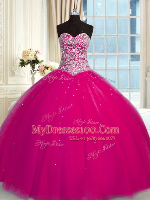 Super Sequins Ball Gowns Ball Gown Prom Dress Fuchsia Halter Top Tulle Sleeveless Floor Length Lace Up