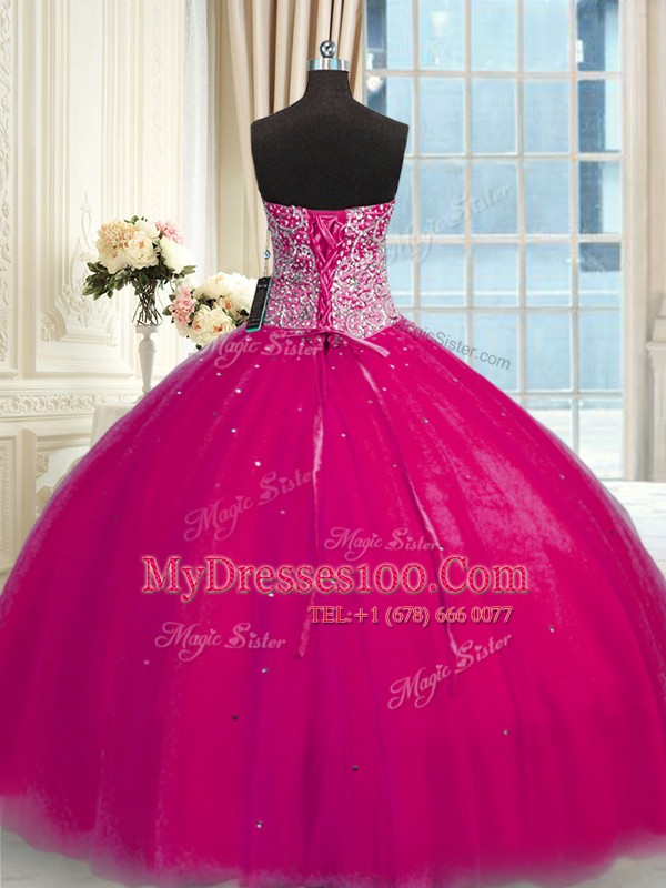 Super Sequins Ball Gowns Ball Gown Prom Dress Fuchsia Halter Top Tulle Sleeveless Floor Length Lace Up