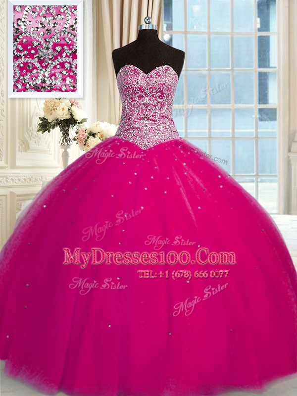 Super Sequins Ball Gowns Ball Gown Prom Dress Fuchsia Halter Top Tulle Sleeveless Floor Length Lace Up
