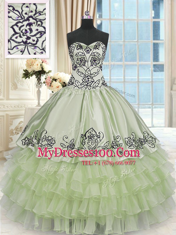 Yellow Green Sweetheart Neckline Beading and Embroidery and Ruffled Layers Sweet 16 Quinceanera Dress Sleeveless Lace Up