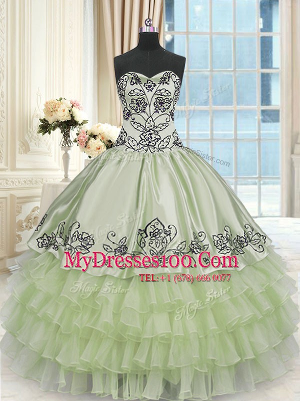 Yellow Green Sweetheart Neckline Beading and Embroidery and Ruffled Layers Sweet 16 Quinceanera Dress Sleeveless Lace Up