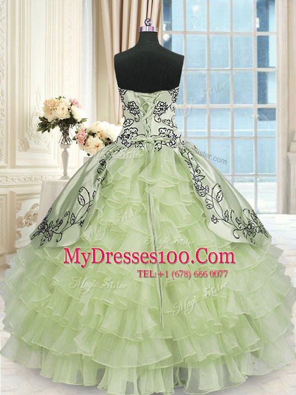 Yellow Green Sweetheart Neckline Beading and Embroidery and Ruffled Layers Sweet 16 Quinceanera Dress Sleeveless Lace Up