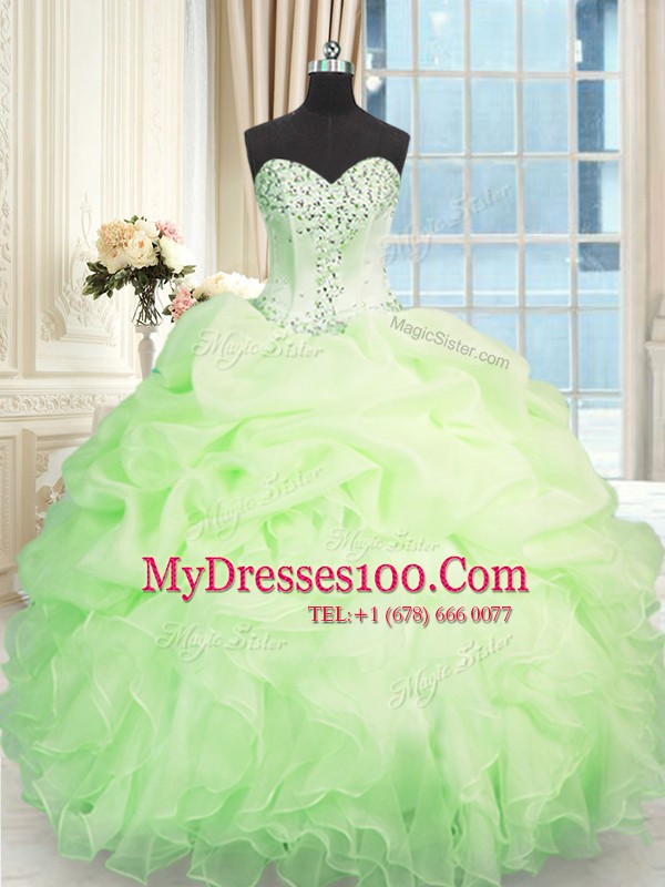 Hot Sale Apple Green Ball Gowns Organza Sweetheart Sleeveless Beading and Ruffles Floor Length Lace Up Quinceanera Dress