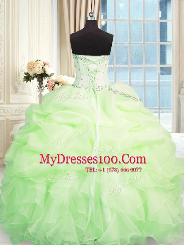 Hot Sale Apple Green Ball Gowns Organza Sweetheart Sleeveless Beading and Ruffles Floor Length Lace Up Quinceanera Dress