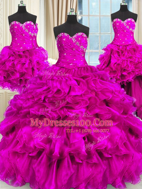 Fashion Four Piece Fuchsia Three Pieces Sweetheart Sleeveless Organza Floor Length Lace Up Beading and Ruffles and Ruching Sweet 16 Dresses