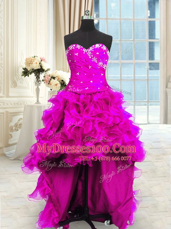 Fashion Four Piece Fuchsia Three Pieces Sweetheart Sleeveless Organza Floor Length Lace Up Beading and Ruffles and Ruching Sweet 16 Dresses