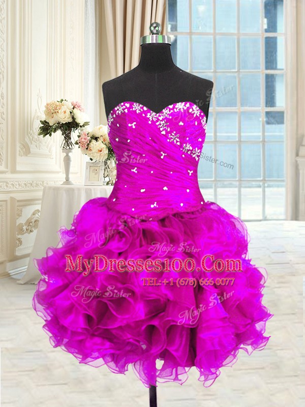 Fashion Four Piece Fuchsia Three Pieces Sweetheart Sleeveless Organza Floor Length Lace Up Beading and Ruffles and Ruching Sweet 16 Dresses