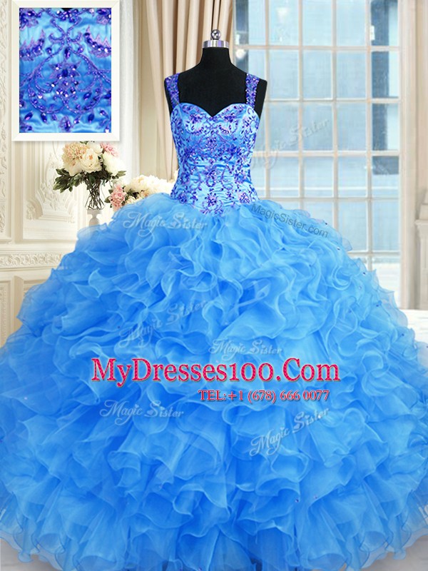 Baby Blue Sleeveless Beading and Embroidery and Ruffles Floor Length 15th Birthday Dress