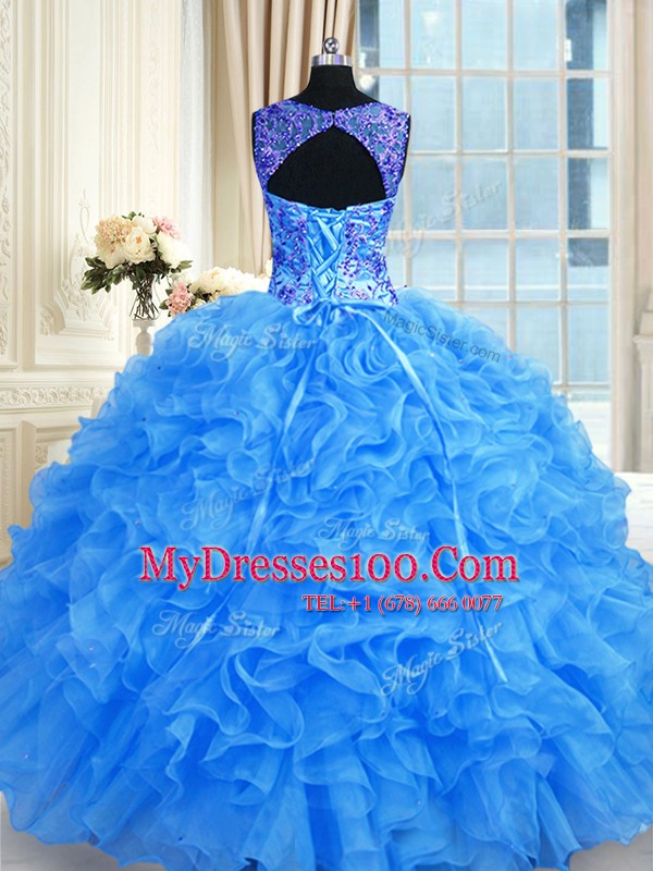 Baby Blue Sleeveless Beading and Embroidery and Ruffles Floor Length 15th Birthday Dress
