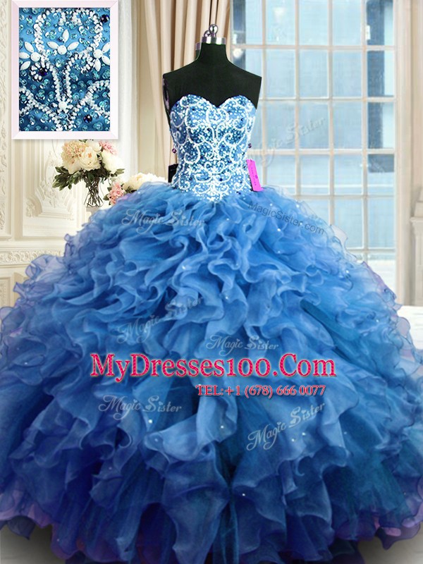 On Sale Organza Sweetheart Sleeveless Lace Up Beading and Ruffles Quinceanera Gown in Blue