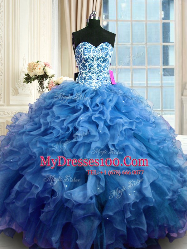 On Sale Organza Sweetheart Sleeveless Lace Up Beading and Ruffles Quinceanera Gown in Blue