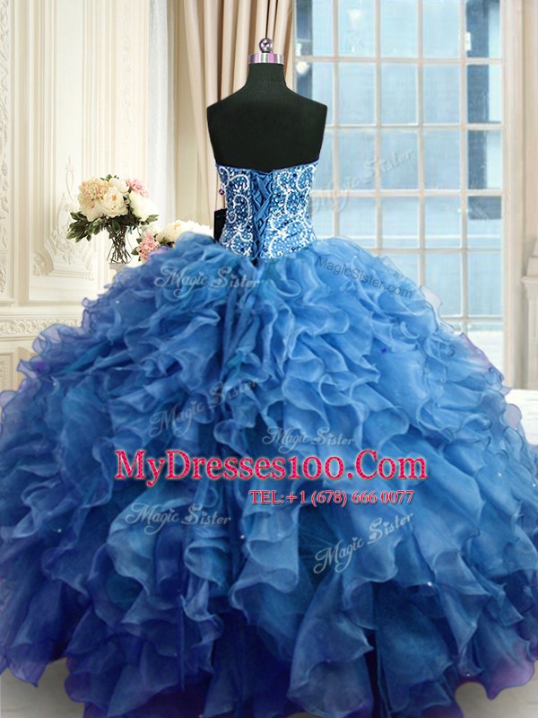On Sale Organza Sweetheart Sleeveless Lace Up Beading and Ruffles Quinceanera Gown in Blue
