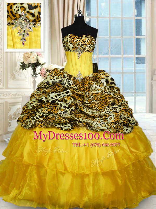 Most Popular Printed Lace Up 15th Birthday Dress Gold for Military Ball and Sweet 16 and Quinceanera with Beading and Ruffled Layers Sweep Train