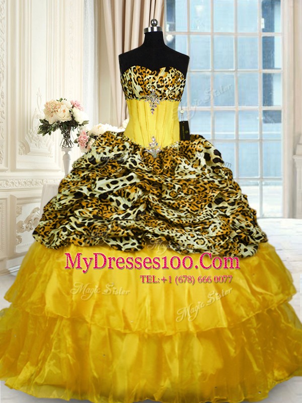 Most Popular Printed Lace Up 15th Birthday Dress Gold for Military Ball and Sweet 16 and Quinceanera with Beading and Ruffled Layers Sweep Train