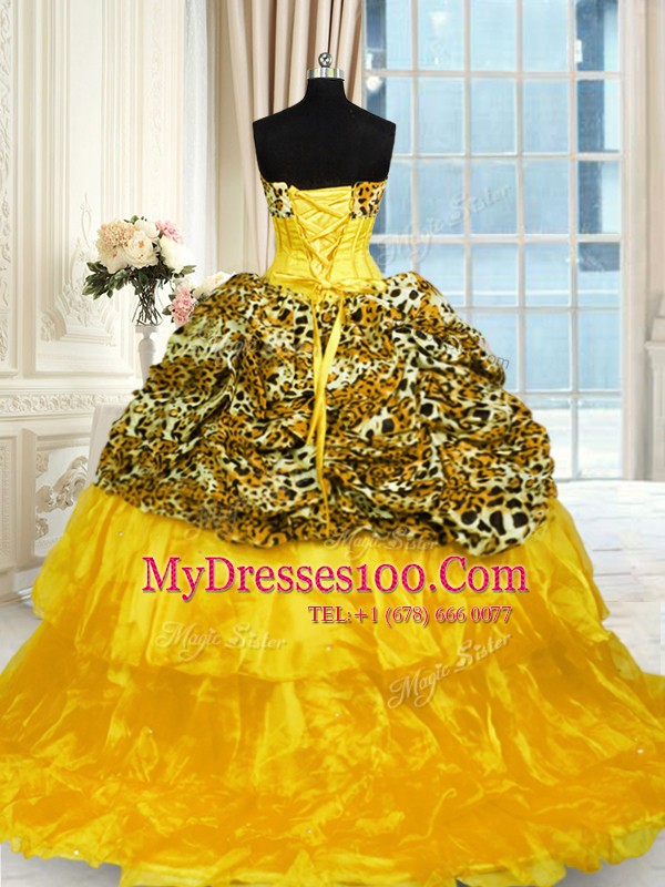 Most Popular Printed Lace Up 15th Birthday Dress Gold for Military Ball and Sweet 16 and Quinceanera with Beading and Ruffled Layers Sweep Train