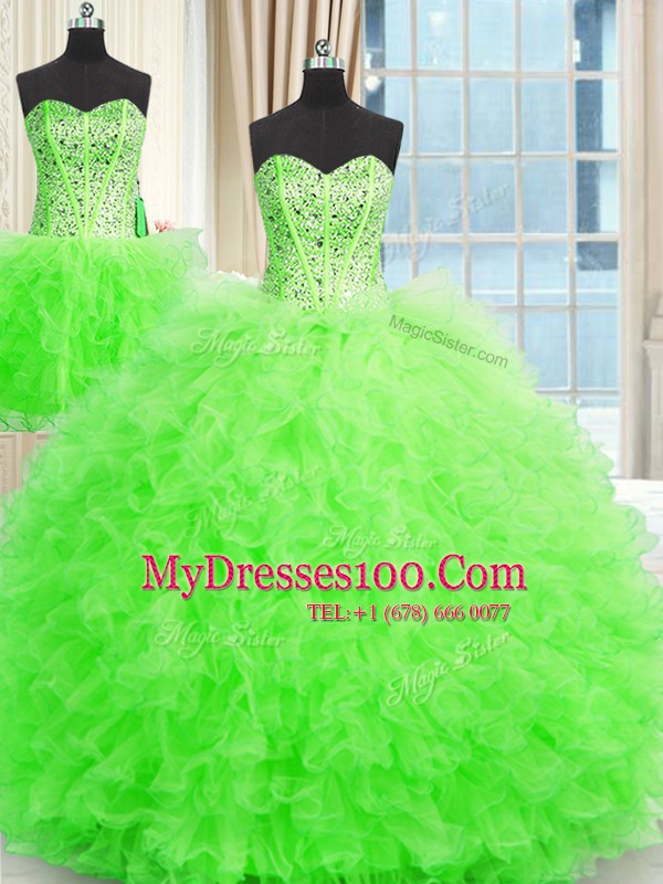 Inexpensive Three Piece Sleeveless Lace Up Floor Length Beading and Ruffles 15th Birthday Dress