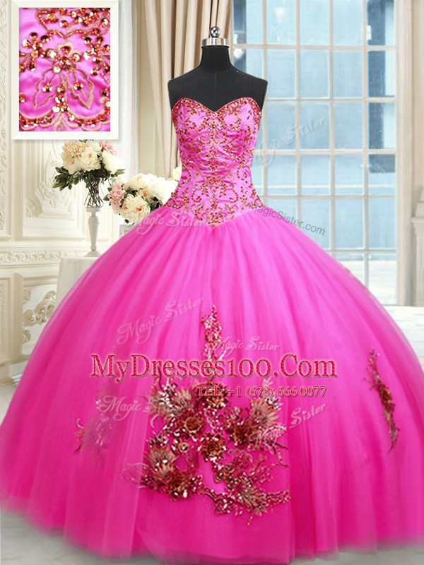 Artistic Floor Length Ball Gowns Sleeveless Hot Pink Quinceanera Dresses Lace Up