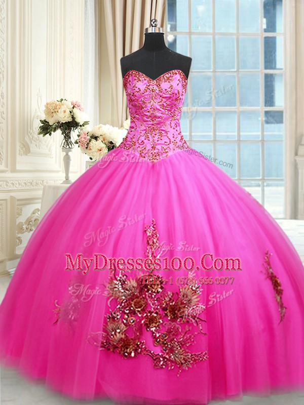Artistic Floor Length Ball Gowns Sleeveless Hot Pink Quinceanera Dresses Lace Up