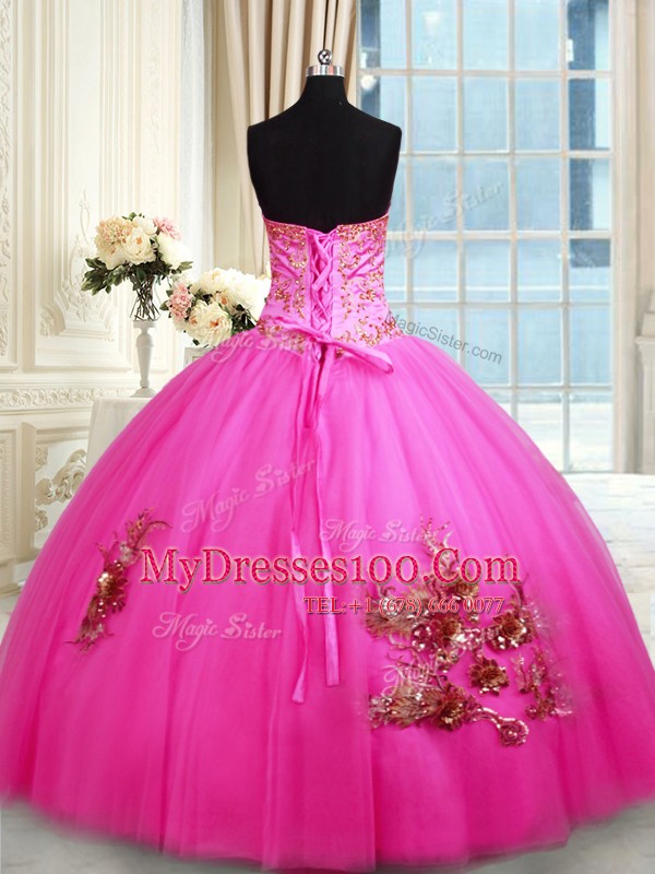 Artistic Floor Length Ball Gowns Sleeveless Hot Pink Quinceanera Dresses Lace Up